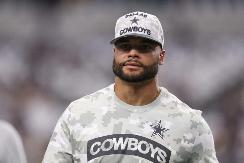 ARLINGTON, TEXAS - NOVEMBER 10: Dak Prescott #4 of the Dallas Cowboys walks the field prior to the game against the Philadelphia Eagles at AT&T Stadium on November 10, 2024 in Arlington, Texas.