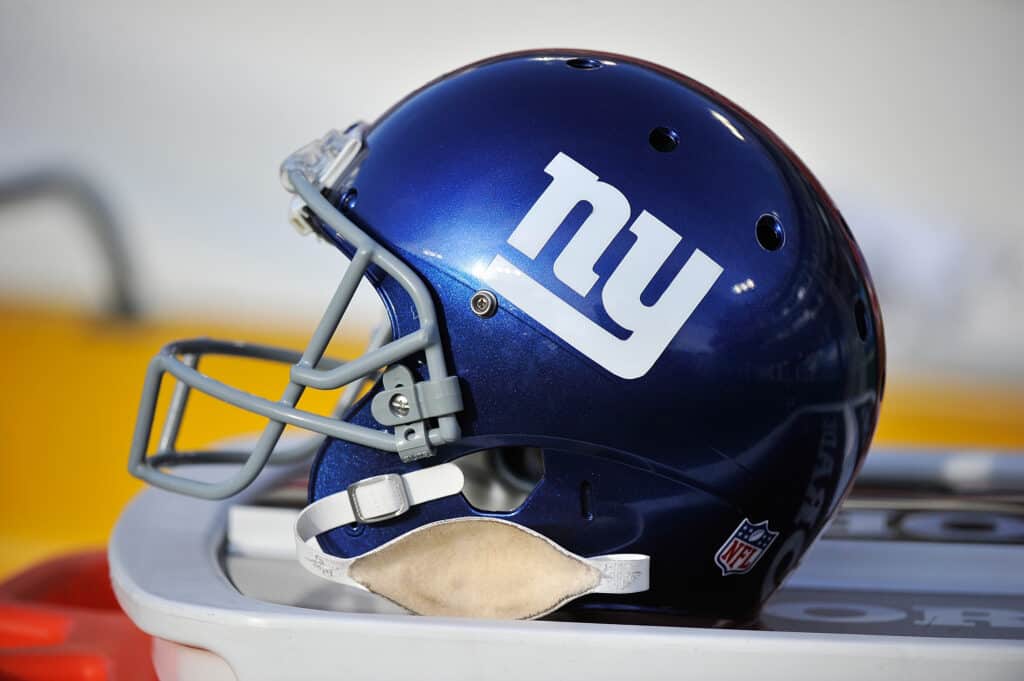 A helmet of the New York Giants rests on the sideline during a game against the Tennessee Titans at LP Field on December 7, 2014 in Nashville, Tennessee.