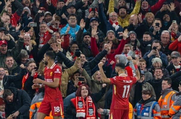 LIVERPOOL, ENGLAND - Saturday, November 9, 2024: Liverpool's Mohamed Salah celebrates after scoring the second goal during the FA Premier League match between Liverpool FC and Aston Villa FC at Anfield. (Photo by David Rawcliffe/Propaganda)