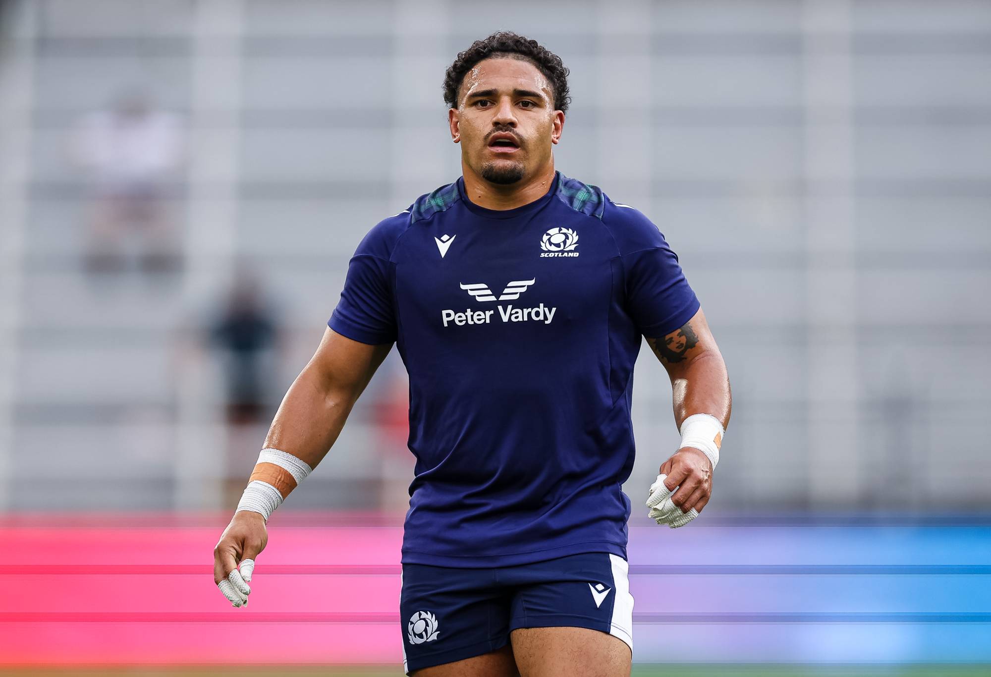 Sione Tuipulotu #12 of Team Scotland warms up before the match against Team United States at Audi Field on July 12, 2024 in Washington, DC. (Photo by Scott Taetsch/Getty Images for Scottish Rugby)