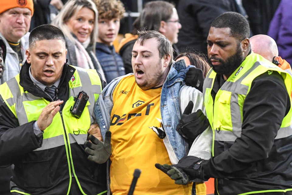 A Wolves supporter was escorted by security after the clash with Jose Sa