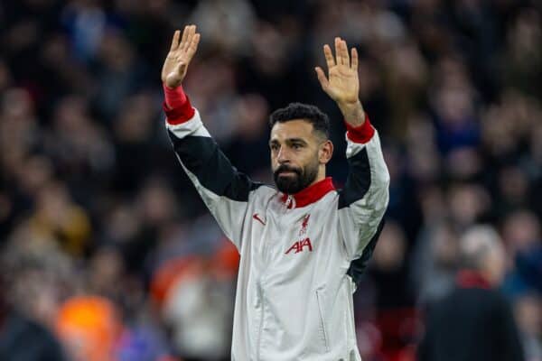 LIVERPOOL, ENGLAND - Sunday, December 1, 2024: Liverpool's Mohamed Salah celebrates after the FA Premier League match between Liverpool FC and Manchester City FC at Anfield. Liverpool won 2-0. (Photo by David Rawcliffe/Propaganda)