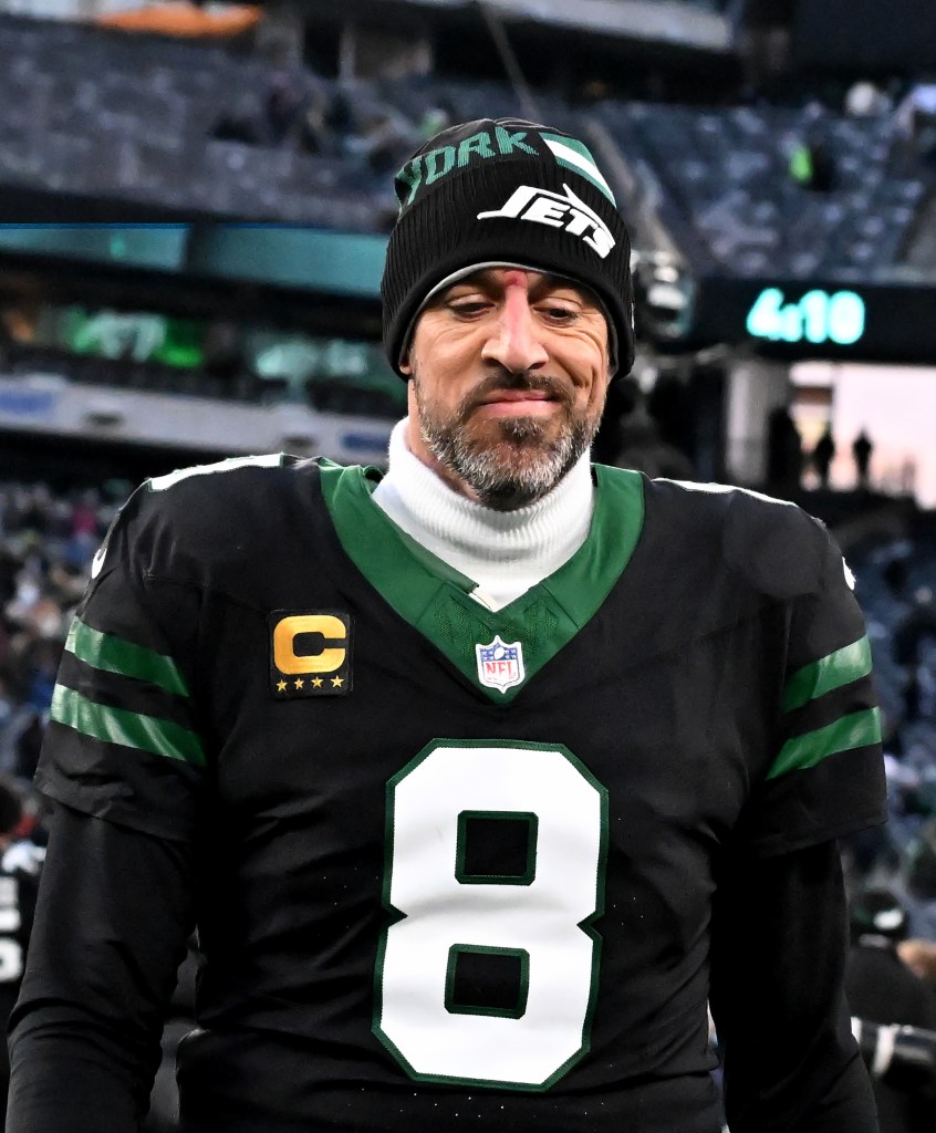 Jets quarterback Aaron Rodgers  leaves the field after the Seattle Seahawks 26-21 win over the Jets in East Rutherford, NJ.