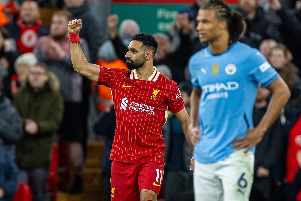 LIVERPOOL, ENGLAND - Sunday, December 1, 2024: Liverpool's Mohamed Salah celebrates after scoring the second goal during the FA Premier League match between Liverpool FC and Manchester City FC at Anfield. (Photo by David Rawcliffe/Propaganda)