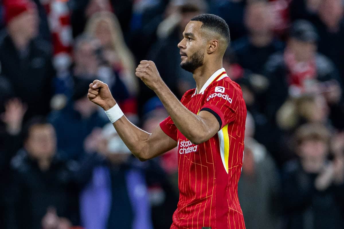 LIVERPOOL, ENGLAND - Sunday, December 1, 2024: Liverpool's Cody Gakpo celebrates after scoring the opening goal during the FA Premier League match between Liverpool FC and Manchester City FC at Anfield. (Photo by David Rawcliffe/Propaganda)