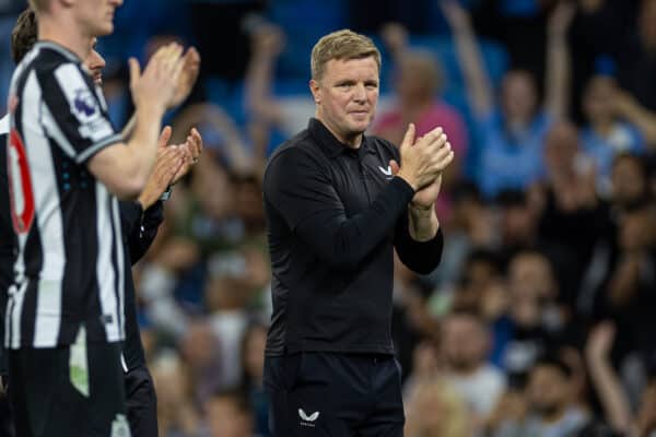 MANCHESTER, ENGLAND - Saturday, August 19, 2023: Newcastle United's manager Eddie Howe applauds the supporters after the FA Premier League match between Manchester City FC and Newcastle United FC at the City of Manchester Stadium. Man City won 1-0. (Pic by David Rawcliffe/Propaganda)