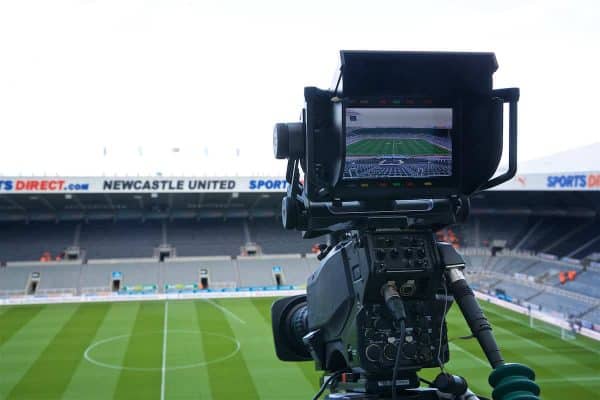 NEWCASTLE-UPON-TYNE, ENGLAND - Saturday, May 4, 2019: A television camera films a general view of Newcastle United's St James' Park ahead of the FA Premier League match between Newcastle United FC and Liverpool FC. (Pic by David Rawcliffe/Propaganda)