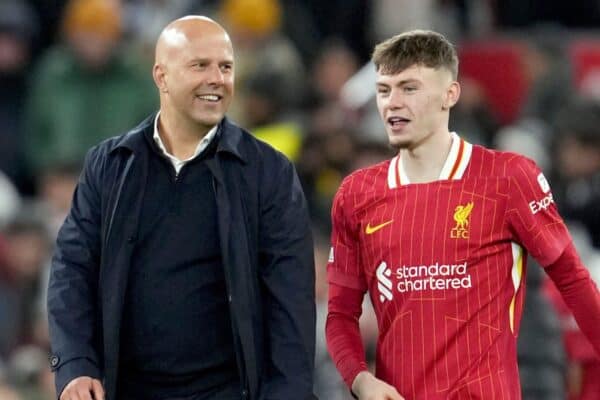 2YP096T Liverpool's manager Arne Slot and Liverpool's Conor Bradley react at the end of the Champions League opening phase soccer match between Liverpool and Real Madrid at Anfield Stadium, Liverpool, England, Wednesday, Nov. 27, 2024. (AP Photo/Jon Super)