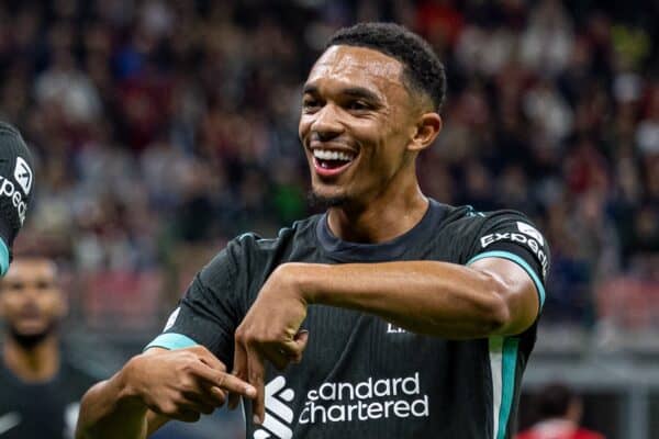 MILAN, ITALY - Tuesday, September 17, 2024: Liverpool's Ibrahima Konaté (L) celebrates with team-mate Trent Alexander-Arnold after scoring his side's first equalising goal during the UEFA Champions League game between AC Milan and Liverpool FC at the Stadio San Siro. (Pic by David Rawcliffe/Propaganda)