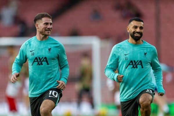 LONDON, ENGLAND - Sunday, October 27, 2024: Liverpool's Alexis Mac Allister (L) and Mohamed Salah during the pre-match warm-up before the FA Premier League match between Arsenal FC and Liverpool FC at the Emirates Stadium. (Photo by David Rawcliffe/Propaganda)