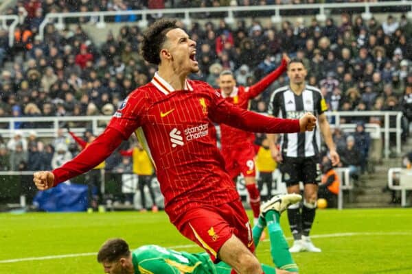 NEWCASTLE-UPON-TYNE, ENGLAND - Wednesday, December 4, 2024: Liverpool's Curtis Jones celebrates after scoring his side's first goal during the FA Premier League match between Newcastle United FC and Liverpool FC at St James' Park. (Photo by David Rawcliffe/Propaganda)