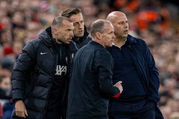 LIVERPOOL, ENGLAND - Saturday, November 2, 2024: Liverpool's head coach Arne Slot (R) with his staff (L-R) assistant coach John Heitinga, first team individual development coach Aaron Briggs, first assistant coach Sipke Hulshoff during the FA Premier League match between Liverpool FC and Brighton & Hove Albion FC at Anfield. (Photo by David Rawcliffe/Propaganda)