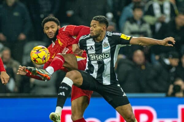 NEWCASTLE-UPON-TYNE, ENGLAND - Wednesday, December 4, 2024: Liverpool's Joe Gomez (L) challenges Newcastle United's Joelinton Cássio Apolinário de Lira during the FA Premier League match between Newcastle United FC and Liverpool FC at St James' Park. (Photo by David Rawcliffe/Propaganda)