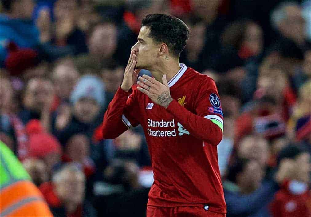 LIVERPOOL, ENGLAND - Wednesday, December 6, 2017: Liverpool's captain Philippe Coutinho Correia celebrates scoring the second goal during the UEFA Champions League Group E match between Liverpool FC and FC Spartak Moscow at Anfield. (Pic by David Rawcliffe/Propaganda)