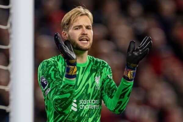 LIVERPOOL, ENGLAND - Sunday, December 1, 2024: Liverpool's goalkeeper Caoimhin Kelleher during the FA Premier League match between Liverpool FC and Manchester City FC at Anfield. Liverpool won 2-0. (Photo by David Rawcliffe/Propaganda)