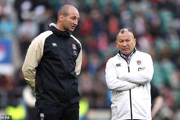 Jones, who was sacked in 2022, pictured with current England boss Steve Borthwick in 2018