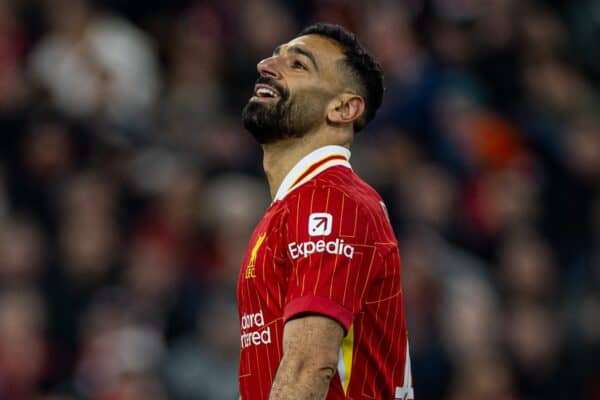 LIVERPOOL, ENGLAND - Wednesday, November 27, 2024: Liverpool's Mohamed Salah reacts as he sees his penalty kick go wide during the UEFA Champions League game between Liverpool FC and Real Madrid CF at Anfield. (Photo by David Rawcliffe/Propaganda)