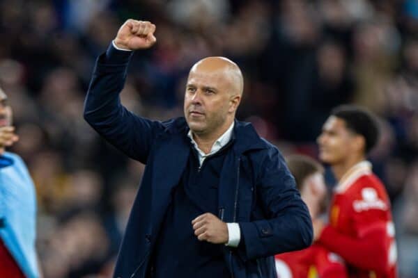 LIVERPOOL, ENGLAND - Sunday, December 1, 2024: Liverpool's head coach Arne Slot celebrates after the FA Premier League match between Liverpool FC and Manchester City FC at Anfield. Liverpool won 2-0. (Photo by David Rawcliffe/Propaganda)