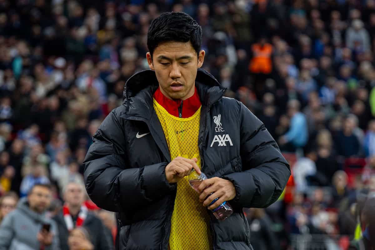 LIVERPOOL, ENGLAND - Saturday, November 2, 2024: Liverpool's substitute Wataru Endo during the FA Premier League match between Liverpool FC and Brighton & Hove Albion FC at Anfield. (Photo by David Rawcliffe/Propaganda)