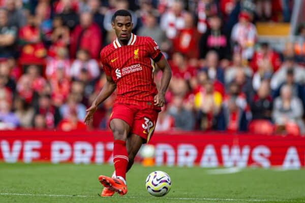 LIVERPOOL, ENGLAND - Saturday, September 14, 2024: Liverpool's Ryan Gravenberch during the FA Premier League match between Liverpool FC and Nottingham Forest FC at Anfield. Notts Forest won 1-0. (Photo by David Rawcliffe/Propaganda)