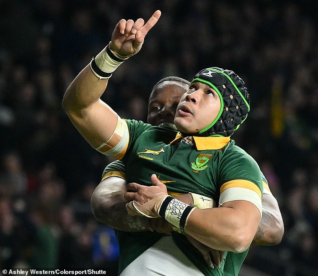 Kolbe, who plays his club rugby in Tokyo, celebrated his second try by pointing to the sky