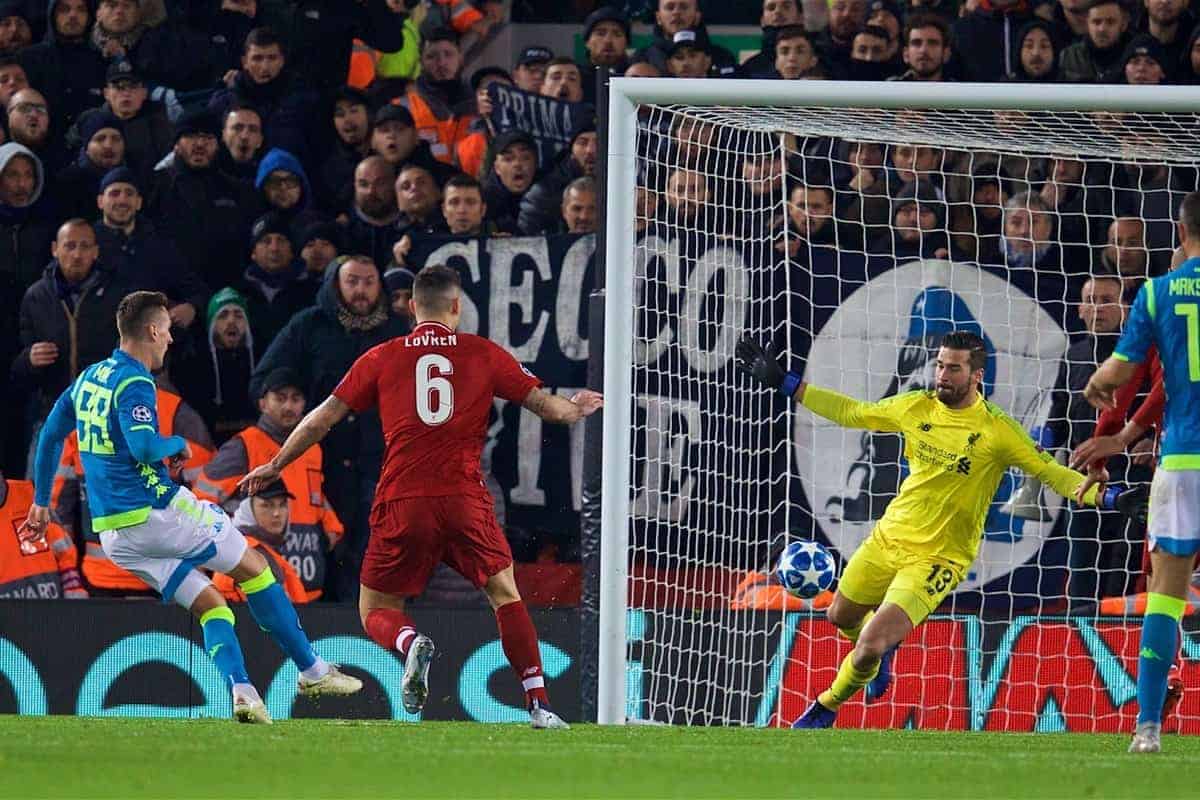 LIVERPOOL, ENGLAND - Tuesday, December 11, 2018: Liverpool's goalkeeper Alisson Becker makes an injury time save from Napoli's Arkadiusz Milik during the UEFA Champions League Group C match between Liverpool FC and SSC Napoli at Anfield. (Pic by David Rawcliffe/Propaganda)