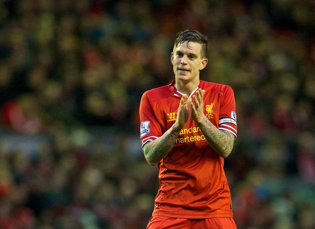 LIVERPOOL, ENGLAND - Wednesday, January 1, 2014: Liverpool's Daniel Agger celebrates scoring the first goal against Hull City during the Premiership match at Anfield. (Pic by David Rawcliffe/Propaganda)