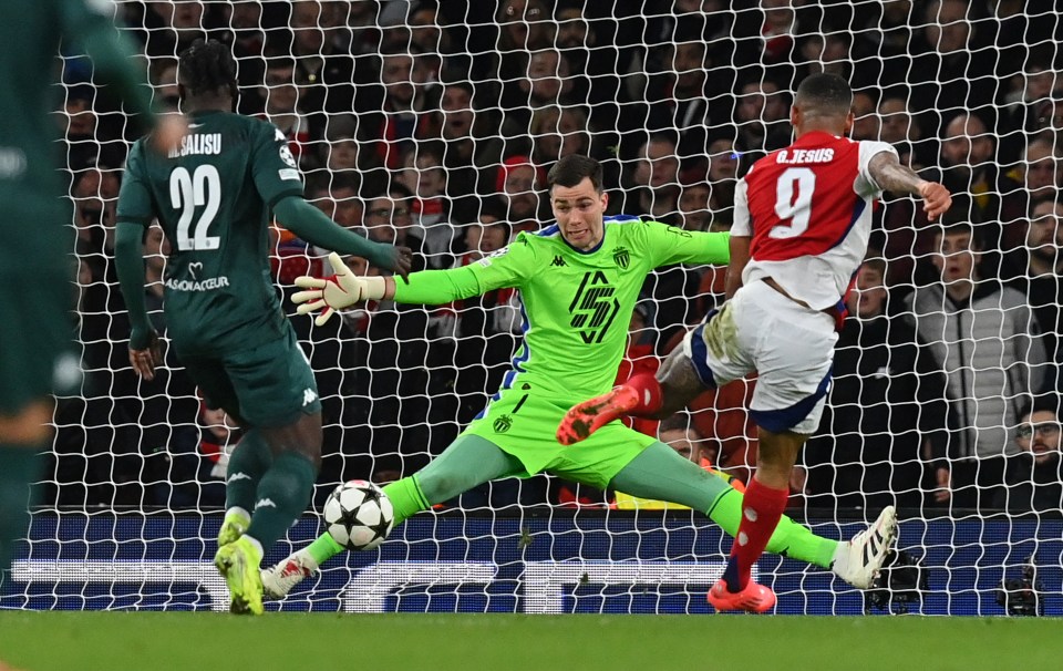 Monaco's goalkeeper Radoslaw Majecki saves a shot from Gabriel Jesus