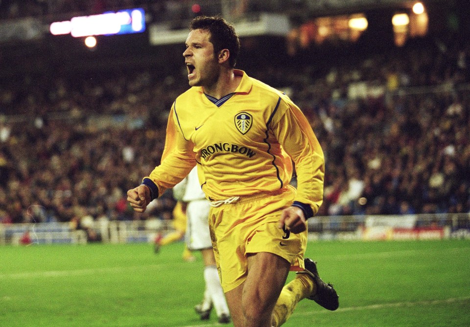 Viduka celebrates scoring against Real Madrid in a Champions League group stage clash at the Bernabeu