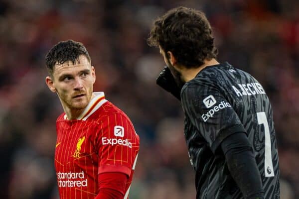 LIVERPOOL, ENGLAND - Saturday, December 14, 2024: Liverpool's Andy Robertson walks off after being shown a red card and sent off during the FA Premier League match between Liverpool FC and Fulham FC at Anfield. (Photo by David Rawcliffe/Propaganda)