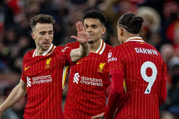 LIVERPOOL, ENGLAND - Saturday, December 14, 2024: Liverpool's Diogo Jota celebrates after scoring his side's second equalising goal during the FA Premier League match between Liverpool FC and Fulham FC at Anfield. (Photo by David Rawcliffe/Propaganda)