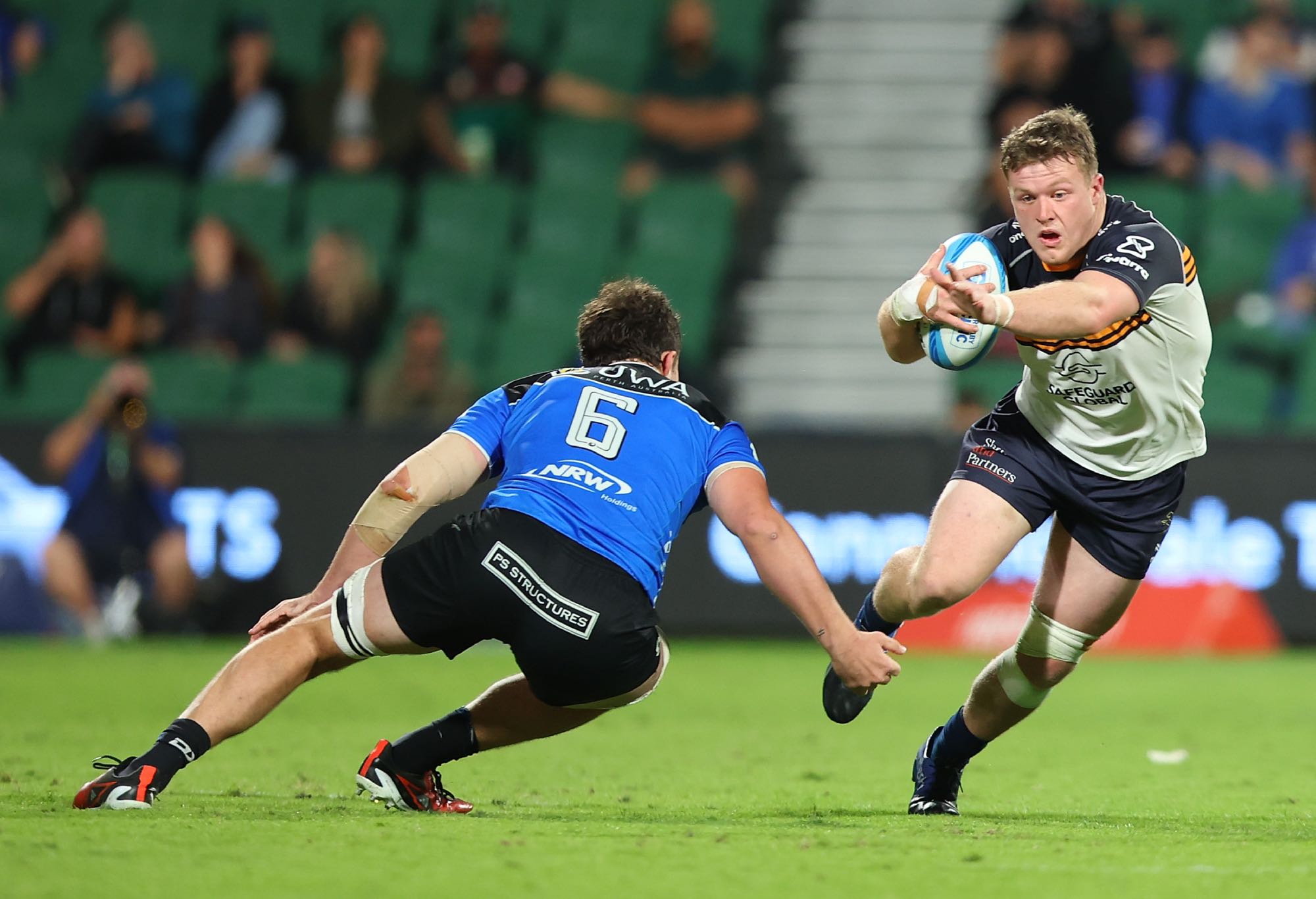 Harry Vella of the Brumbies looks to evade the tackler during the round 15 Super Rugby Pacific match between Western Force and ACT Brumbies at HBF Park, on June 01, 2024, in Perth, Australia. (Photo by James Worsfold/Getty Images)