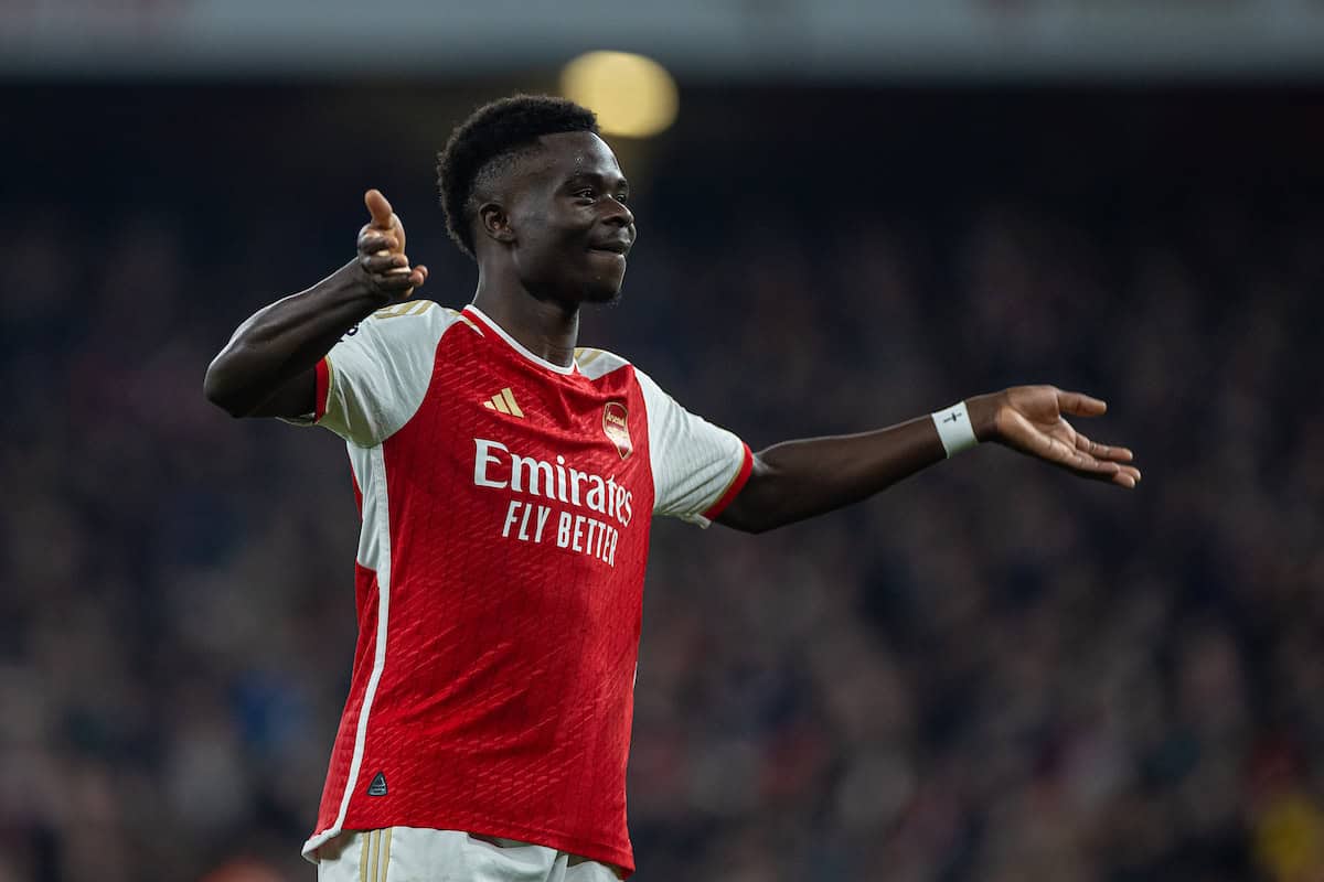 LONDON, ENGLAND - Saturday, February 24, 2024: Arsenal's Bukayo Saka celebrates after scoring the third goal during the FA Premier League match between Arsenal FC and Newcastle United FC at the Emirates Stadium. (Photo by David Rawcliffe/Propaganda)