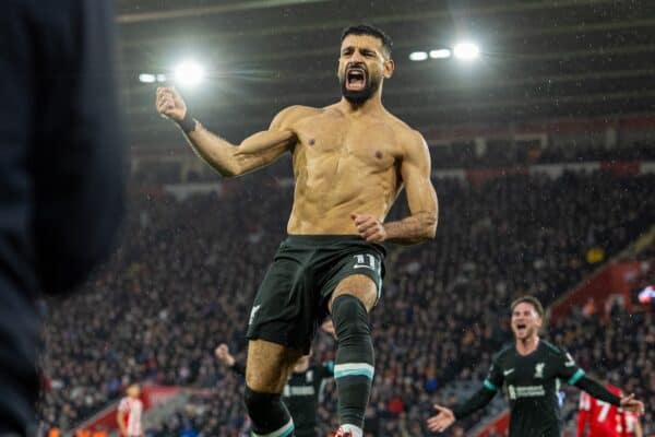 SOUTHAMPTON, ENGLAND - Sunday, November 24, 2024: Liverpool's Mohamed Salah celebrates after scoring the third goal during the FA Premier League match between Southampton FC and Liverpool FC at St Mary's Stadium. (Photo by David Rawcliffe/Propaganda)