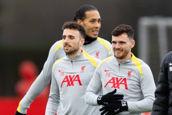 LIVERPOOL, ENGLAND - Monday, December 9, 2024: Liverpool's Diogo Jota (L) and Andy Robertson during a training session at the AXA Training Centre ahead of the UEFA Champions League match between Girona FC and Liverpool FC. (Photo by Jessica Hornby/Propaganda)