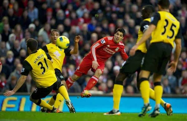 LIVERPOOL, ENGLAND - Boxing Day Monday, December 26, 2011: Liverpool's Luis Alberto Suarez Diaz in action against Blackburn Rovers during the Premiership match at Anfield. (Pic by David Rawcliffe/Propaganda)