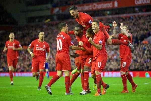 LIVERPOOL, ENGLAND - Boxing Day, Saturday, December 26, 2015: Liverpool's Christian Benteke celebrates scoring the first goal against Leicester City during the Premier League match at Anfield. (Pic by David Rawcliffe/Propaganda)