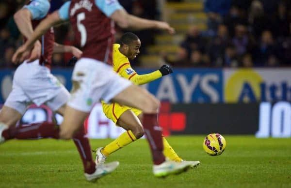 BURNLEY, ENGLAND - Boxing Day, Friday, December 26, 2014: Liverpool's Raheem Sterling scores the first goal against Burnley during the Premier League match at Turf Moor. (Pic by David Rawcliffe/Propaganda)