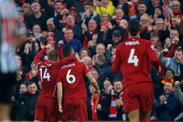 LIVERPOOL, ENGLAND - Boxing Day, Wednesday, December 26, 2018: Liverpool's Dejan Lovren celebrates scoring the first goal during the FA Premier League match between Liverpool FC and Newcastle United FC at Anfield. (Pic by David Rawcliffe/Propaganda)