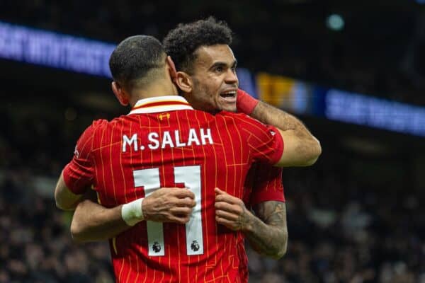 LONDON, ENGLAND - Sunday, December 22, 2024: Liverpool's Luis Díaz celebrates after scoring his side's sixth goal during the FA Premier League match between Tottenham Hotspur FC and Liverpool FC at the Tottenham Hotspur Stadium. (Photo by David Rawcliffe/Propaganda)