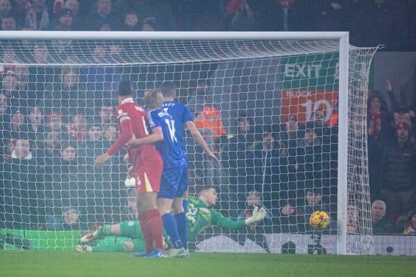 LIVERPOOL, ENGLAND - Saturday, December 14, 2024: Liverpool hit the post during the FA Premier League match between Liverpool FC and Fulham FC at Anfield. (Photo by David Rawcliffe/Propaganda)