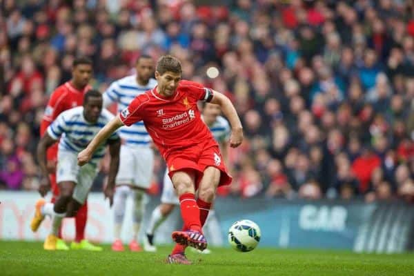 LIVERPOOL, ENGLAND - Saturday, May 2, 2015: Liverpool's captain Steven Gerrard misses a penalty kick against Queens Park Rangers during the Premier League match at Anfield. (Pic by David Rawcliffe/Propaganda)