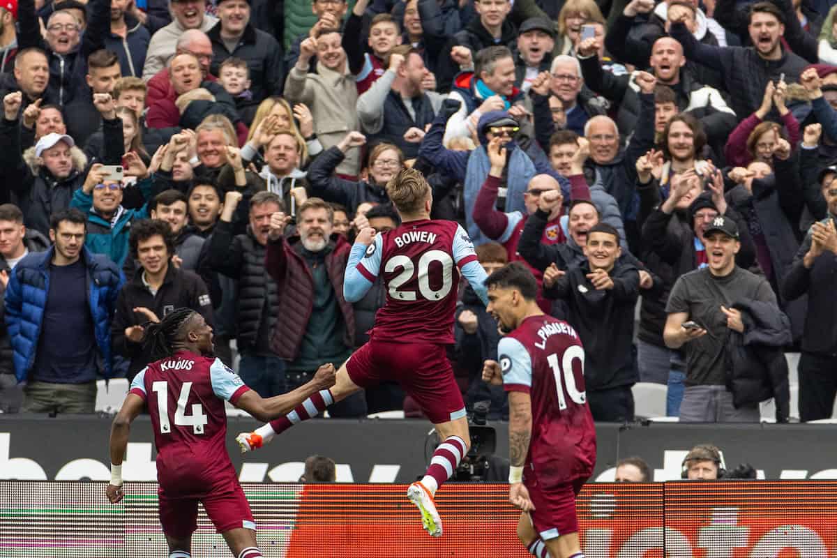 LONDON, ENGLAND - Saturday, April 27, 2024: West Ham United's Jarred Bowen celebrates scoring the opening goal during the FA Premier League match between West Ham United FC and Liverpool FC at the London Stadium. (Photo by David Rawcliffe/Propaganda)