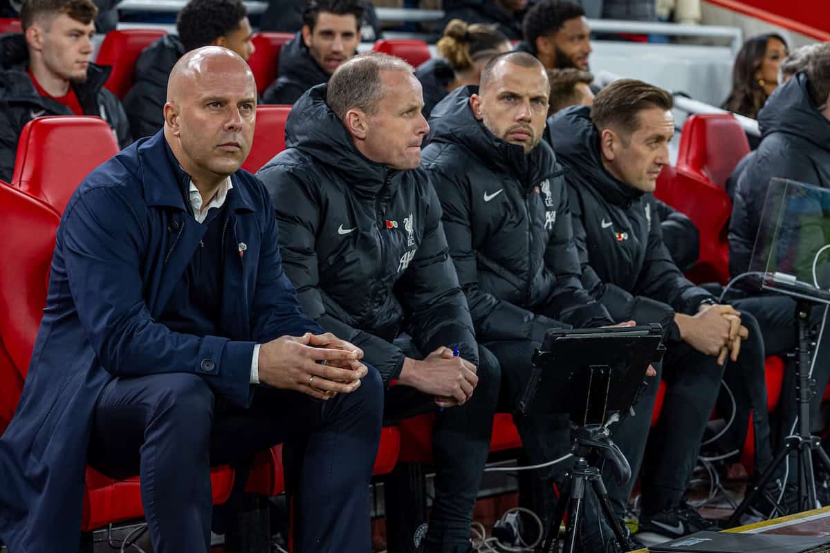 LIVERPOOL, ENGLAND - Saturday, November 9, 2024: Liverpool's head coach Arne Slot with his staff first assistant coach Sipke Hulshoff, assistant coach John Heitinga, first team individual development coach Aaron Briggs on the bench before the FA Premier League match between Liverpool FC and Aston Villa FC at Anfield. Liverpool won 2-0. (Photo by David Rawcliffe/Propaganda)