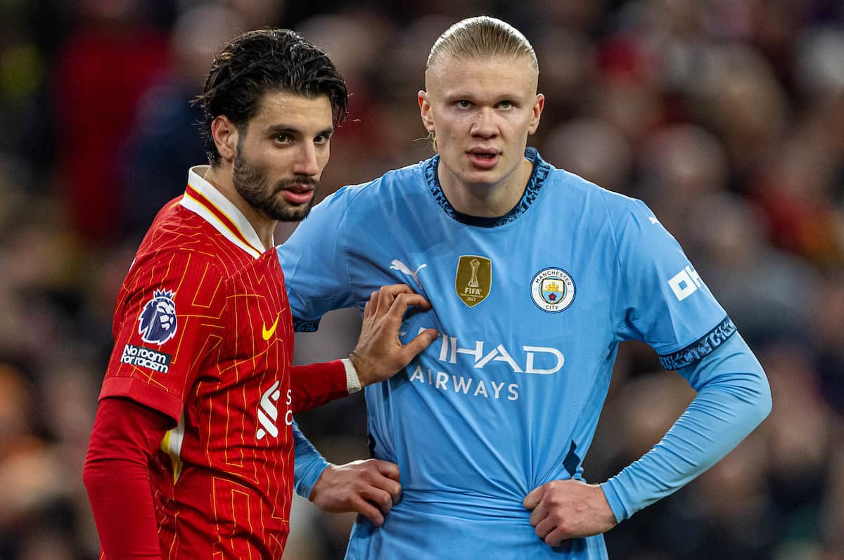 LIVERPOOL, ENGLAND - Sunday, December 1, 2024: Manchester City's Erling Haaland (R) and Liverpool's Dominik Szoboszlai during the FA Premier League match between Liverpool FC and Manchester City FC at Anfield. Liverpool won 2-0. (Photo by David Rawcliffe/Propaganda)