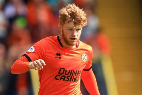 2XW7W0T 18th August 2024; Tannadice Park, Dundee, Scotland: Scottish Premier Sports Cup Football, Dundee United versus St Mirren; Luca Stephenson of Dundee United making his debut after signing on loan from Liverpool Credit: Action Plus Sports Images/Alamy Live News