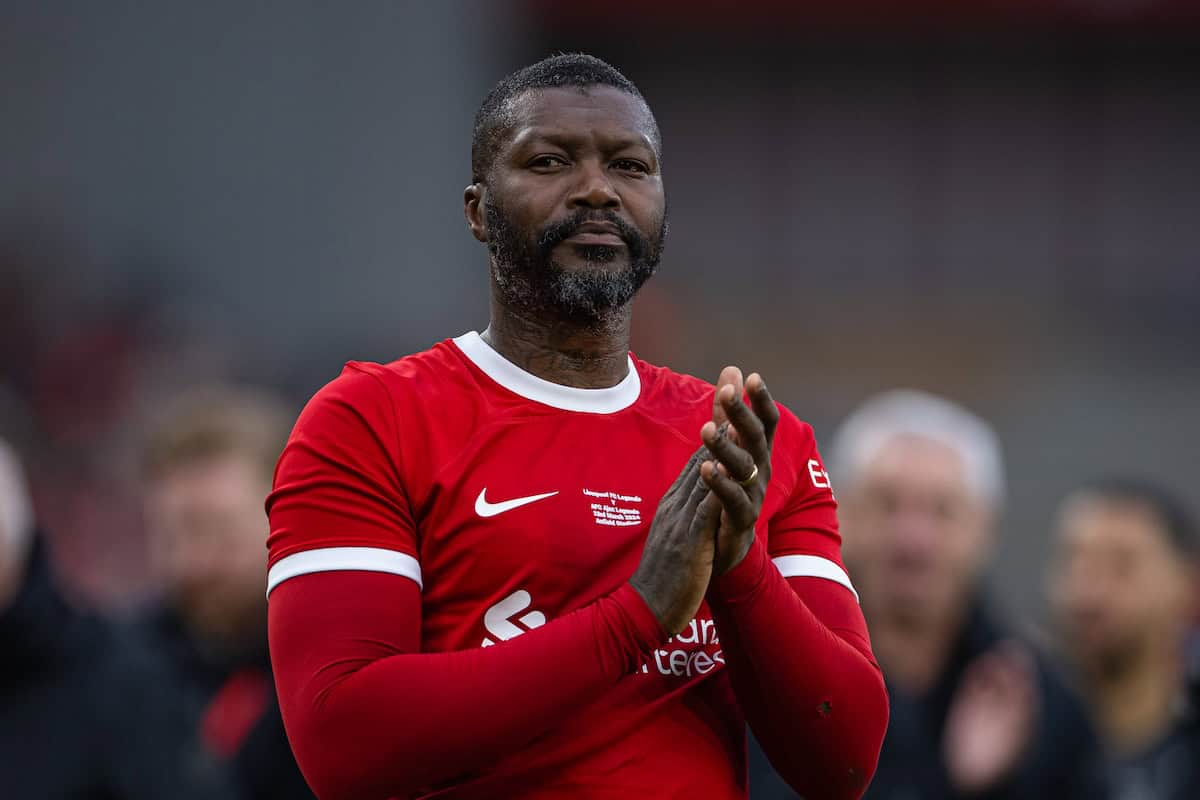 LIVERPOOL, ENGLAND - Saturday, March 23, 2024: Liverpool's Djibril Cissé applauds the supporters after the LFC Foundation match between Liverpool FC Legends and Ajax FC Legends at Anfield. Liverpool won 4-2. (Photo by David Rawcliffe/Propaganda)