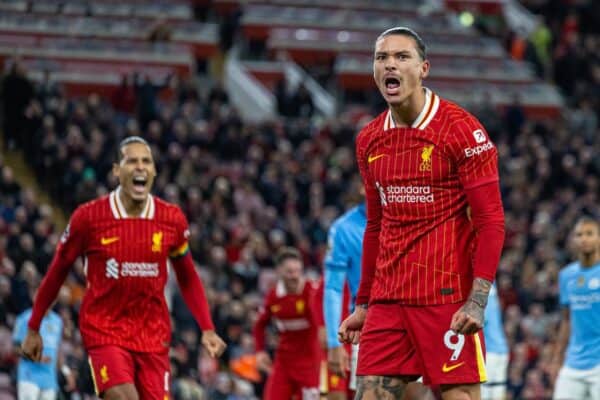 LIVERPOOL, ENGLAND - Sunday, December 1, 2024: Liverpool's Darwin Núñez celebrates during the FA Premier League match between Liverpool FC and Manchester City FC at Anfield. Liverpool won 2-0. (Photo by David Rawcliffe/Propaganda)