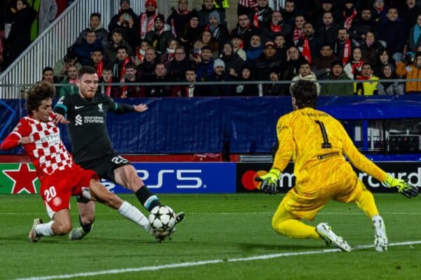 GIRONA, SPAIN - Tuesday, December 10, 2024: Liverpool's goalkeeper Alisson Becker makes a save from Girona's Bryan Gil during the UEFA Champions League Matchday 6 game between Girona FC and Liverpool FC at the Estadi Montilivi. (Photo by David Rawcliffe/Propaganda)