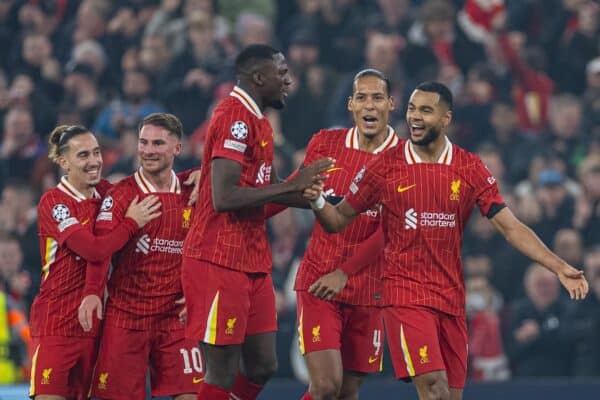 LIVERPOOL, ENGLAND - Wednesday, October 2, 2024: Liverpool's Cody Gakpo (R) celebrates after scoring the second goal during the UEFA Champions League game between Liverpool FC and Bayer Leverkusen at Anfield. (Photo by David Rawcliffe/Propaganda)